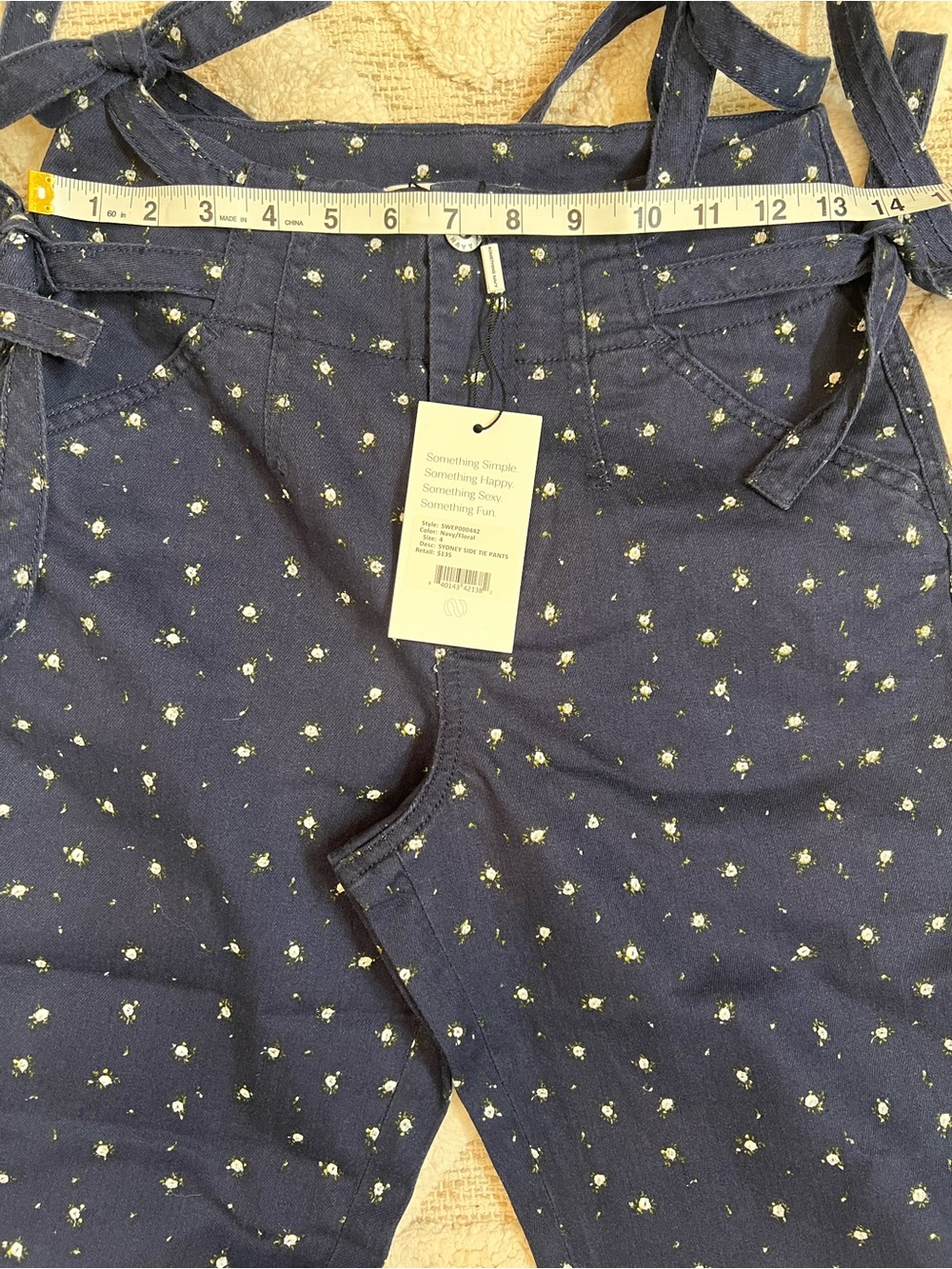 Something Ny Cotton Sydney Side Tie Denim Ankle Navy/Floral Jean Sz 4 NWT! - Picture 7 of 7